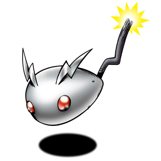 MetalKoromon, a small creature resembling a drop of mercury mixed with a computer mouse, with two short but jagged ears.
