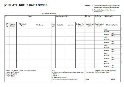 Vukaatlı nüfus kayıt örneği