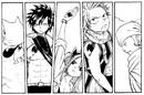 Natsu, Lucy, Gray und Happy zeigen, dass sie Magier einer Gilde sind.png