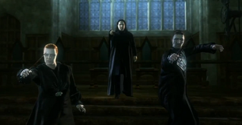 Snape orders Alecto and Amycus to battle Harry