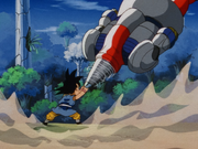 7. Goku battles against the combined might of the Super Mega Cannon Sigma