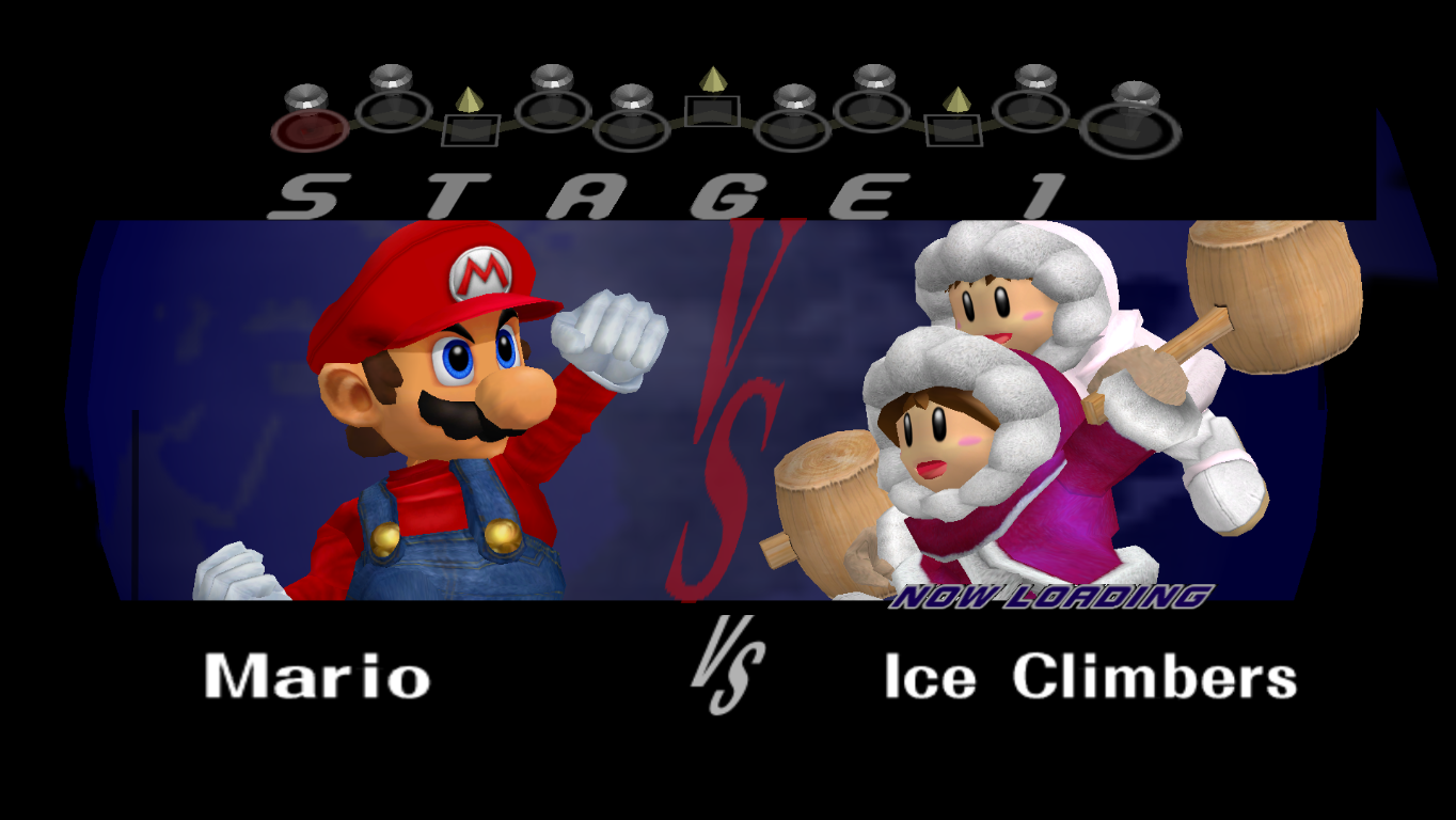 Mario fighting Ice Climbers in the Classic Mode for Super Smash Bros. Melee.